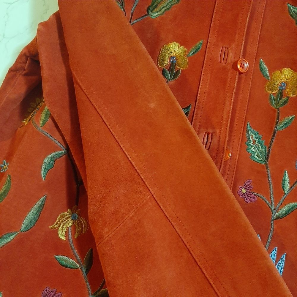 Brandon Thomas Cottagecore Red Orange Suede Novelty Floral Leather Jacket Small - Picture 12 of 13